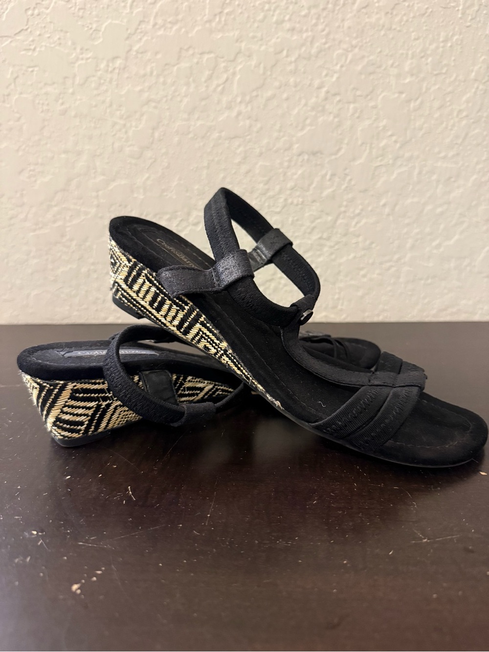Black Wedge Sandals with Geometric Accent